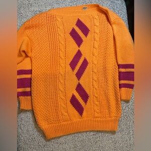 Vibrant Orange Crewneck Sweater with Purple Accents